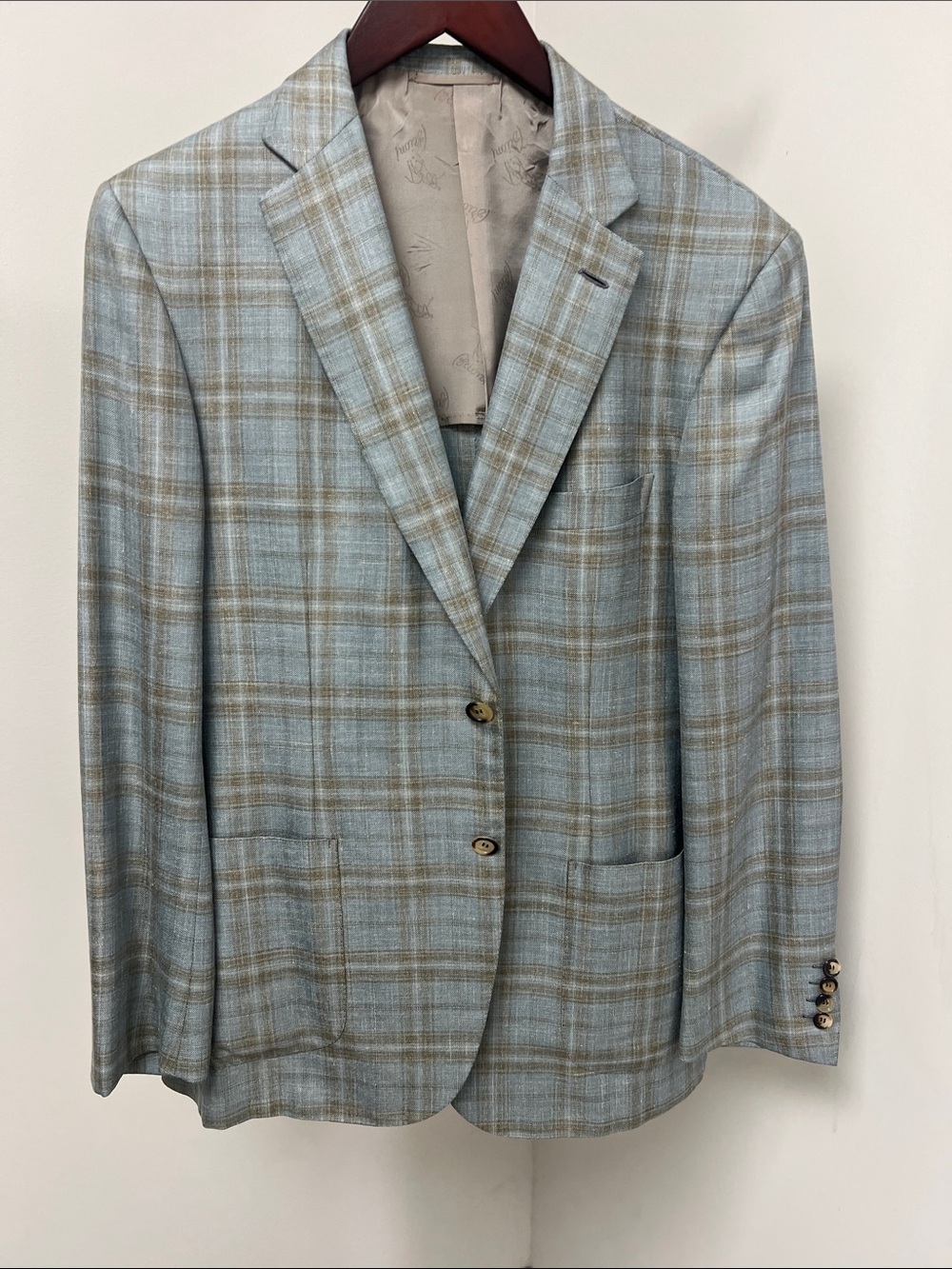 Brioni Light Blue and Brown Plaid Sport Coat